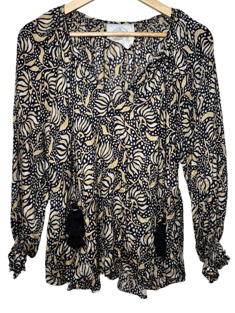 Sohalia Peasant Top Blouse Small Black Gold Floral Balloon Sleeve Tassel Boho